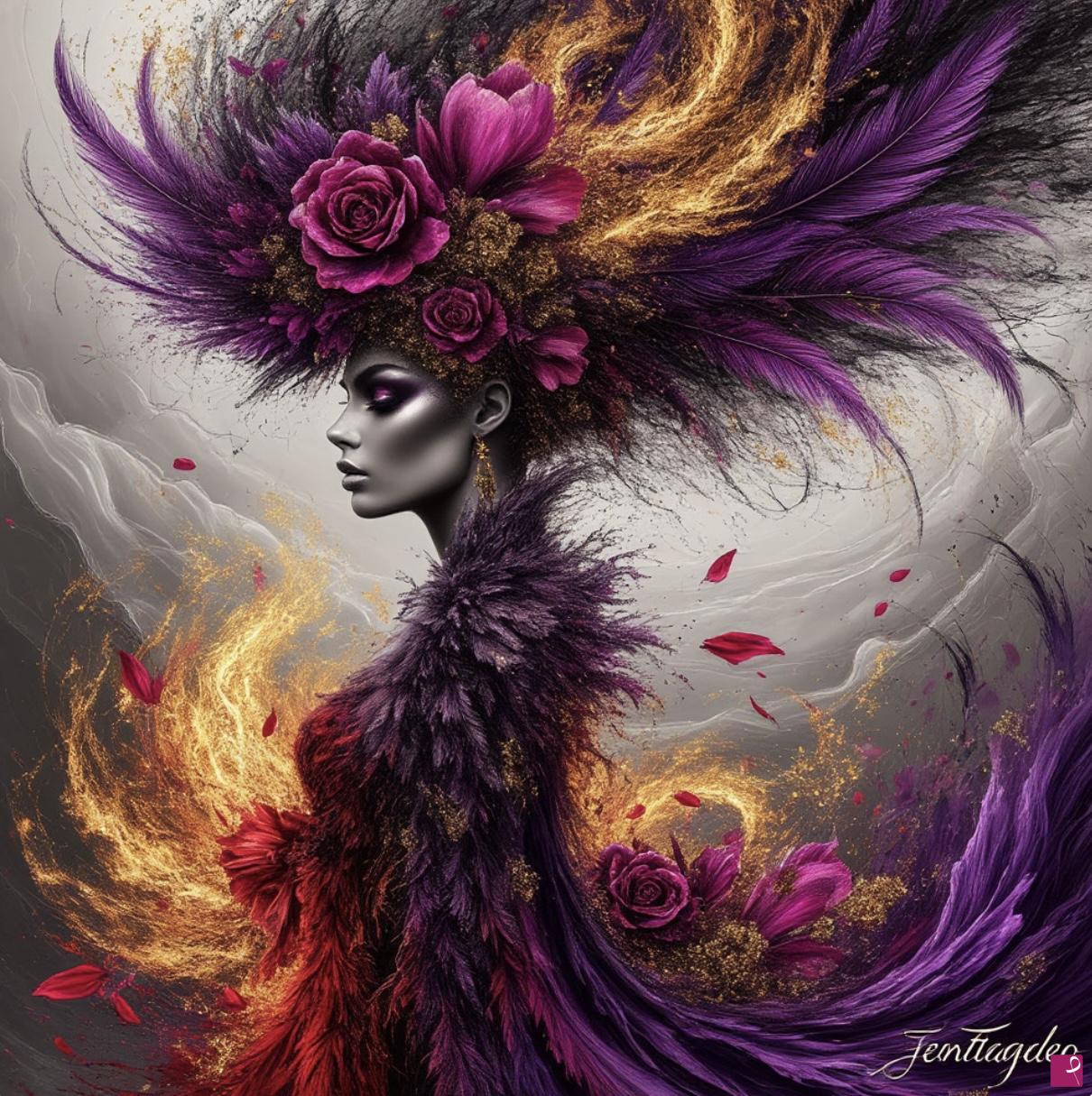quadri in vendita online - Women, fire, flowers, feathers