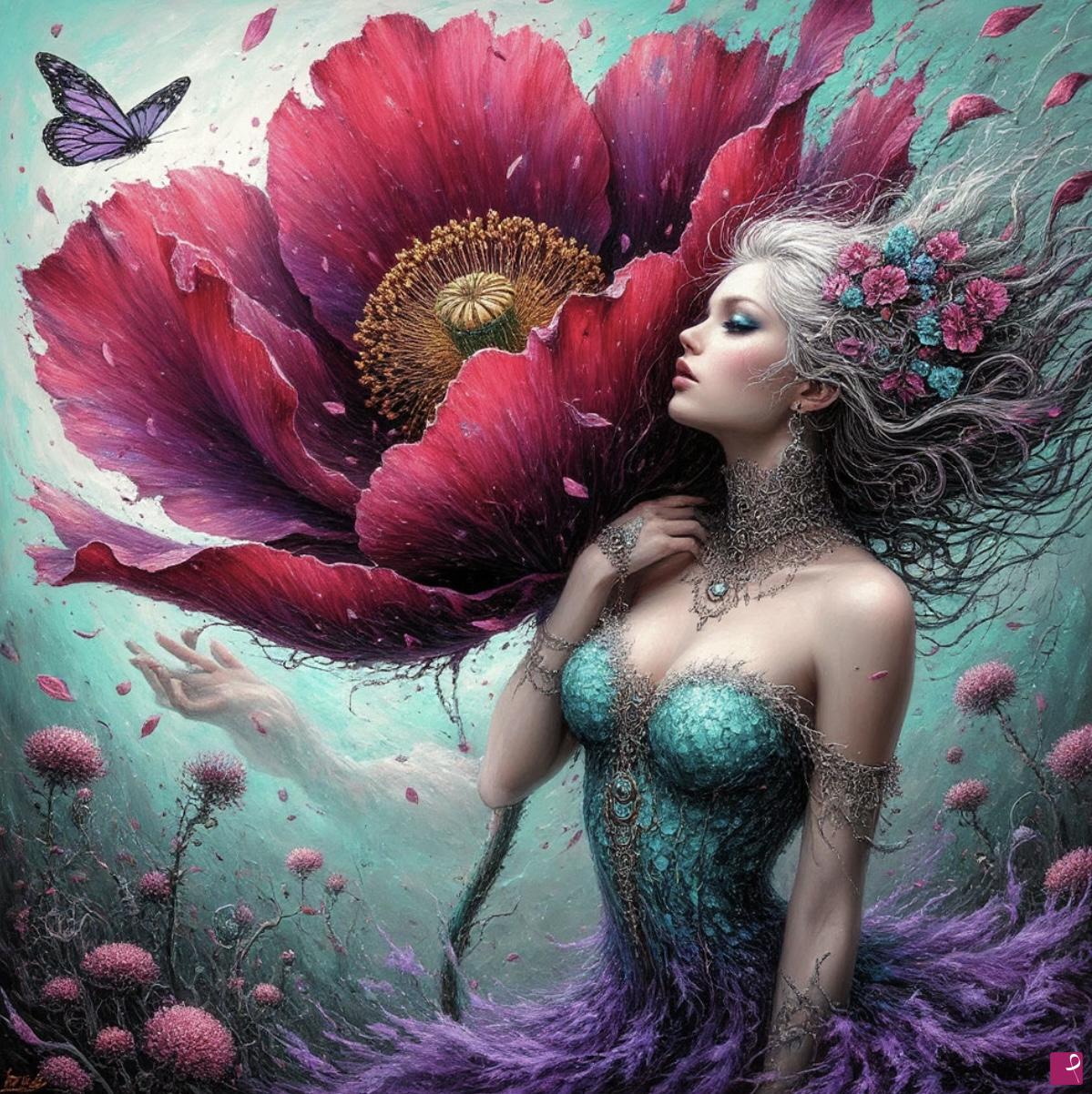 quadri in vendita online - Women, flower, butterflies 