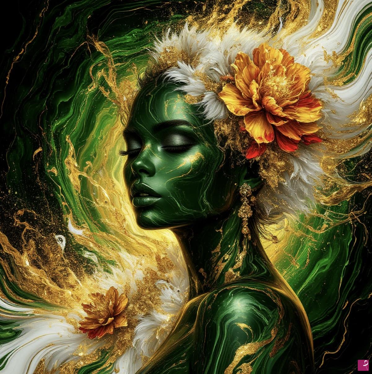 quadri in vendita online - Women flower in head, green marble