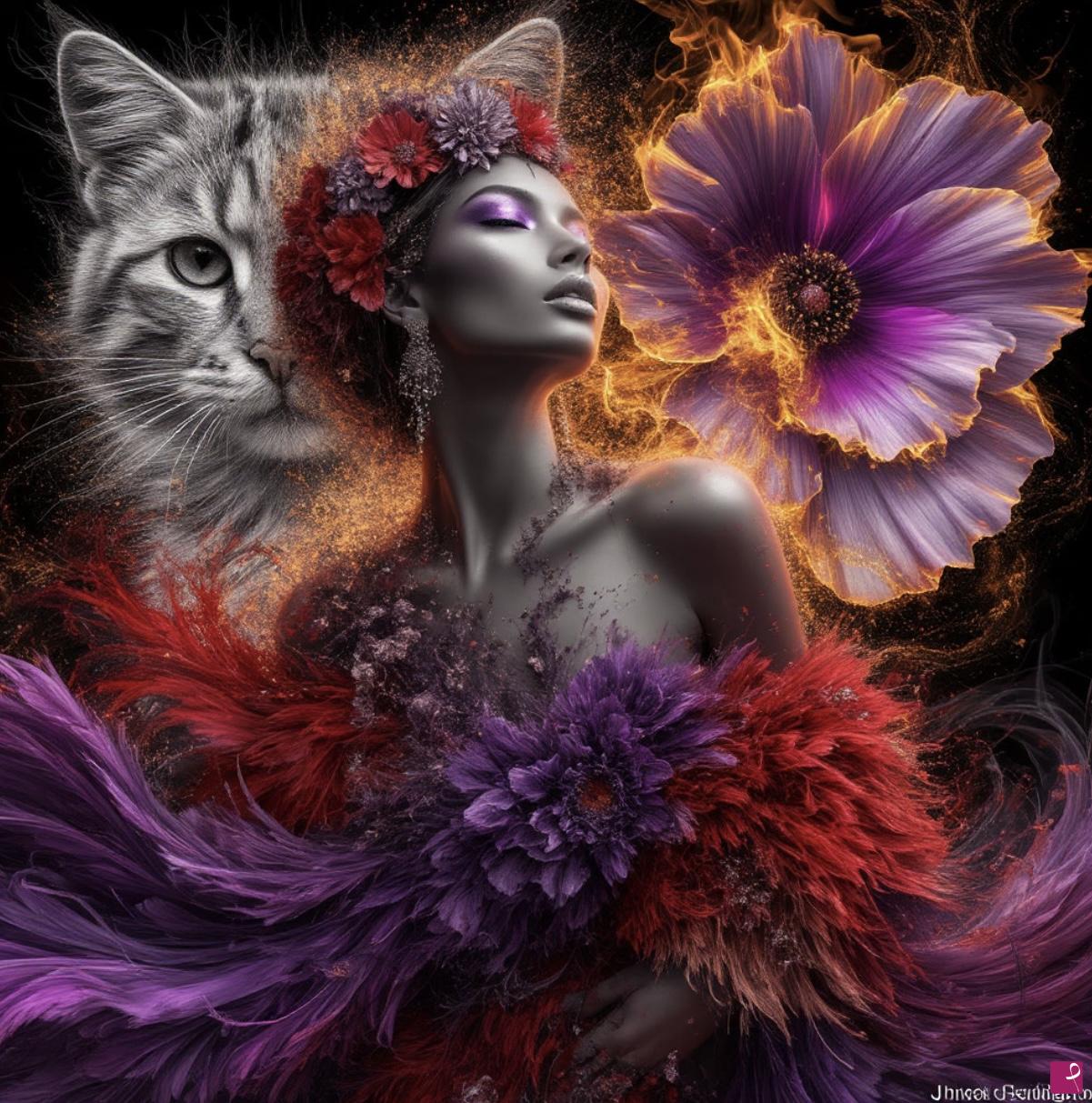 quadri in vendita online - Women, flowers and her cat