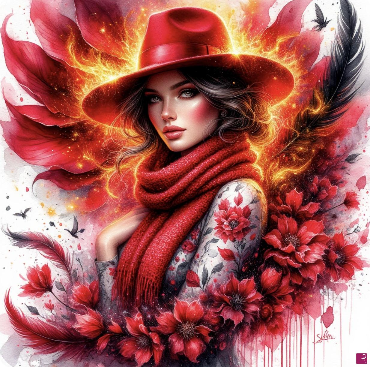 quadri in vendita online - Women in rad hat and flowers 