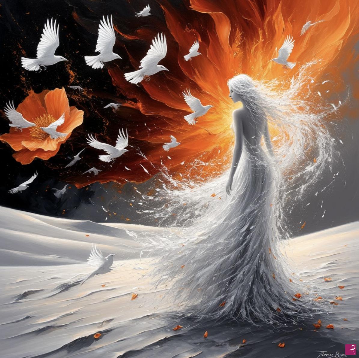 quadri in vendita online - Women in white dress and birds