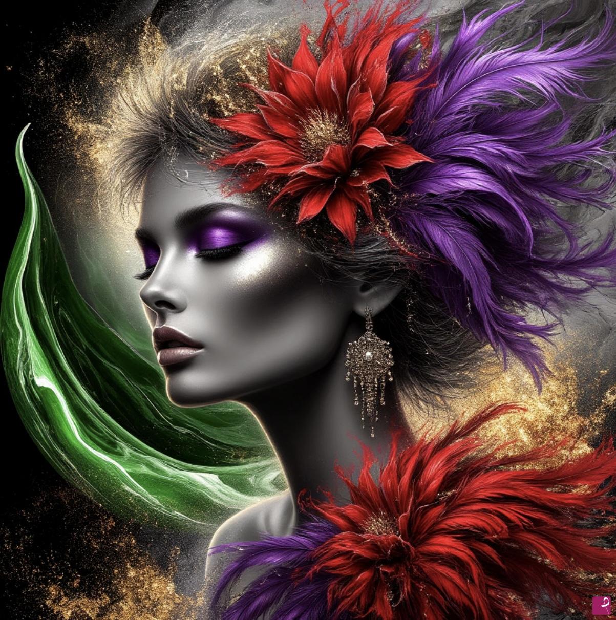 quadri in vendita online - Women with flower on head, feathers