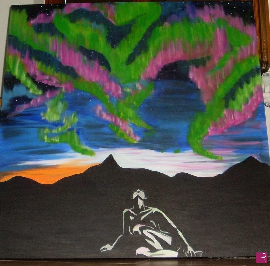 quadri in vendita online - XXL BIG HUGE canvas Aurora Borealis nude modern original painting "Il Mio Nome e Aurora "Nudo feminile bianco nero FLUORESCENTE 