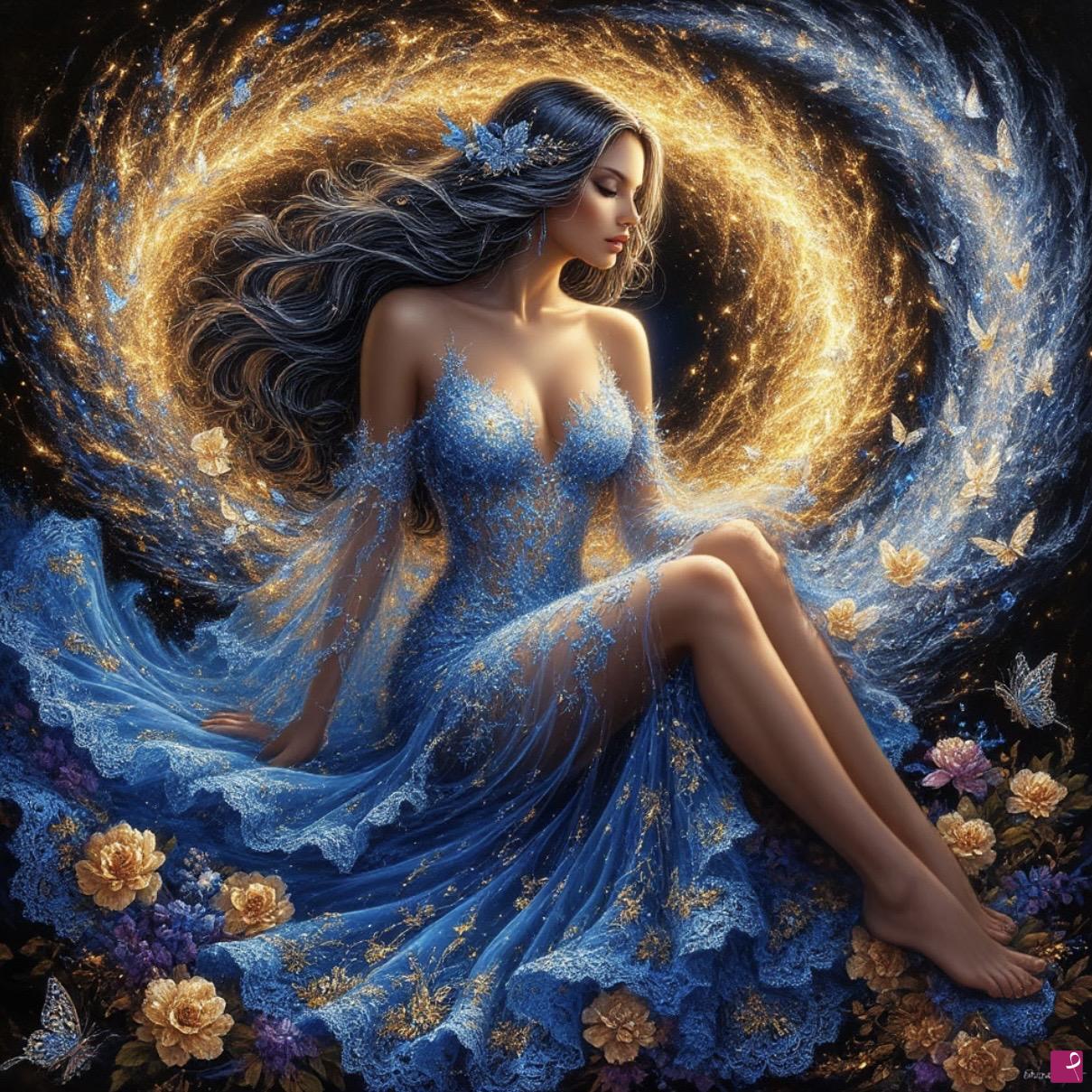 quadri in vendita online - Yang girl in blue dress in flowers 