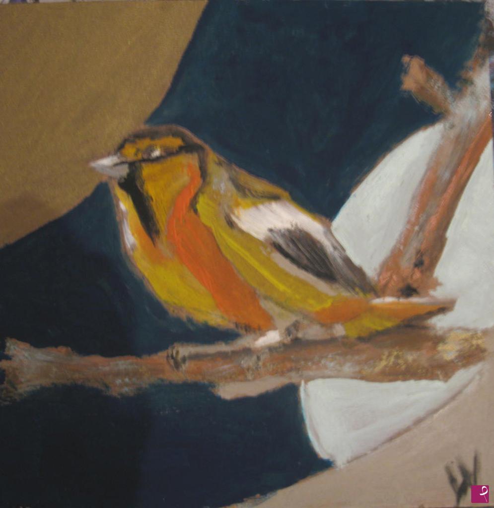 quadri in vendita online - Yellow bird su fondo bronzo dorato e oltremare (Serie ciclo "gli uccelli) 2016 piccolo formato 