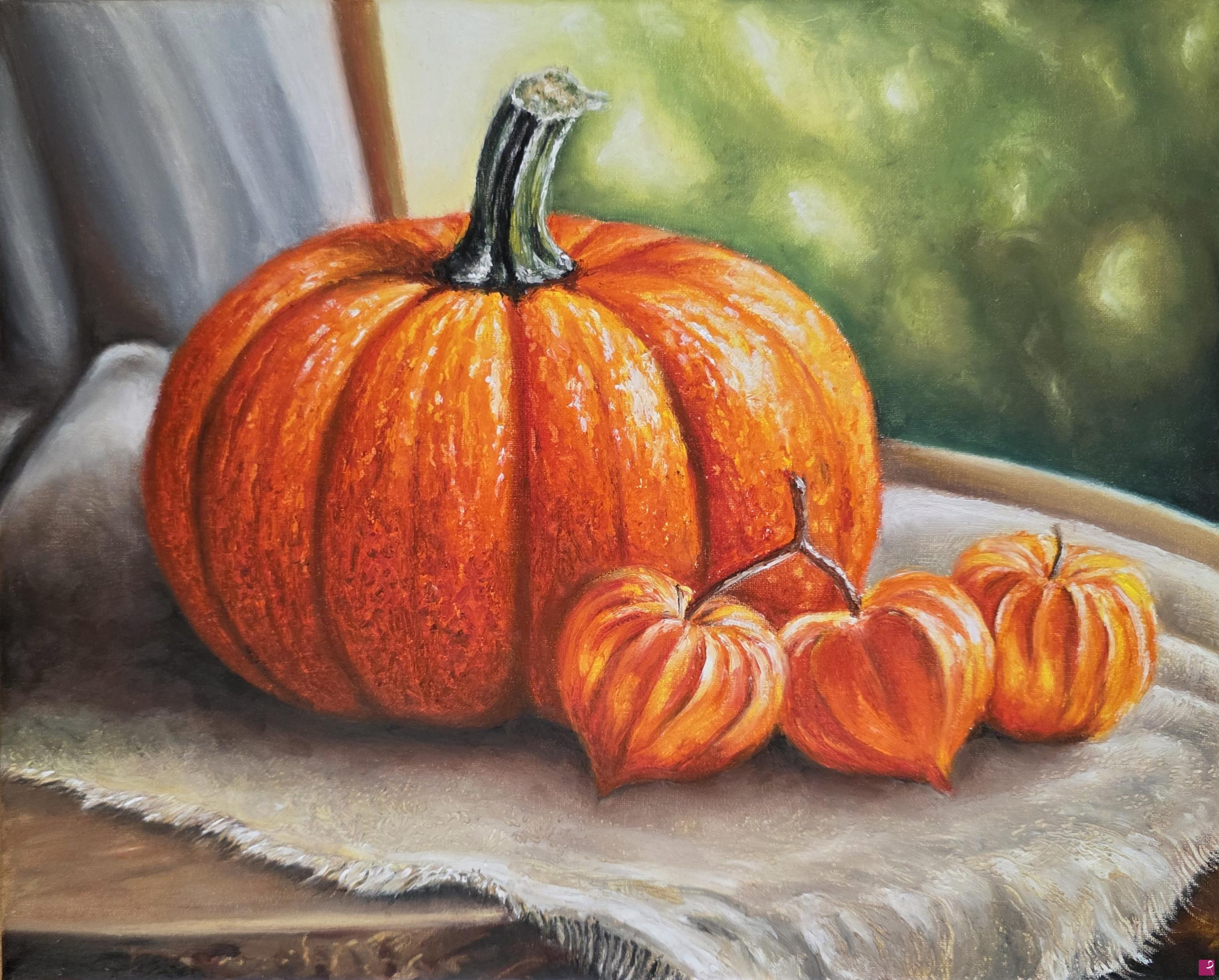 quadri in vendita online - Zucca autunnale e alchechengi