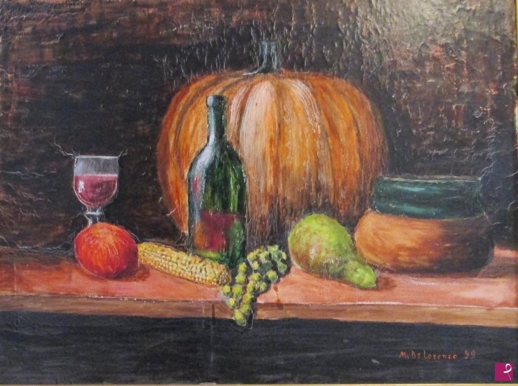 quadri in vendita online - Zucca,bicchiere,bottiglia,frutta e vaso.  anno 1999 1500€ 30% sconto disponibile